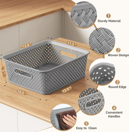MaxGear 3 Pack Plastic Storage Baskets, Large, Grey | Durable Woven Plastic with Built-In Handles, Suitable for Shelves, Closets, Cabinets, Bathrooms and Offices