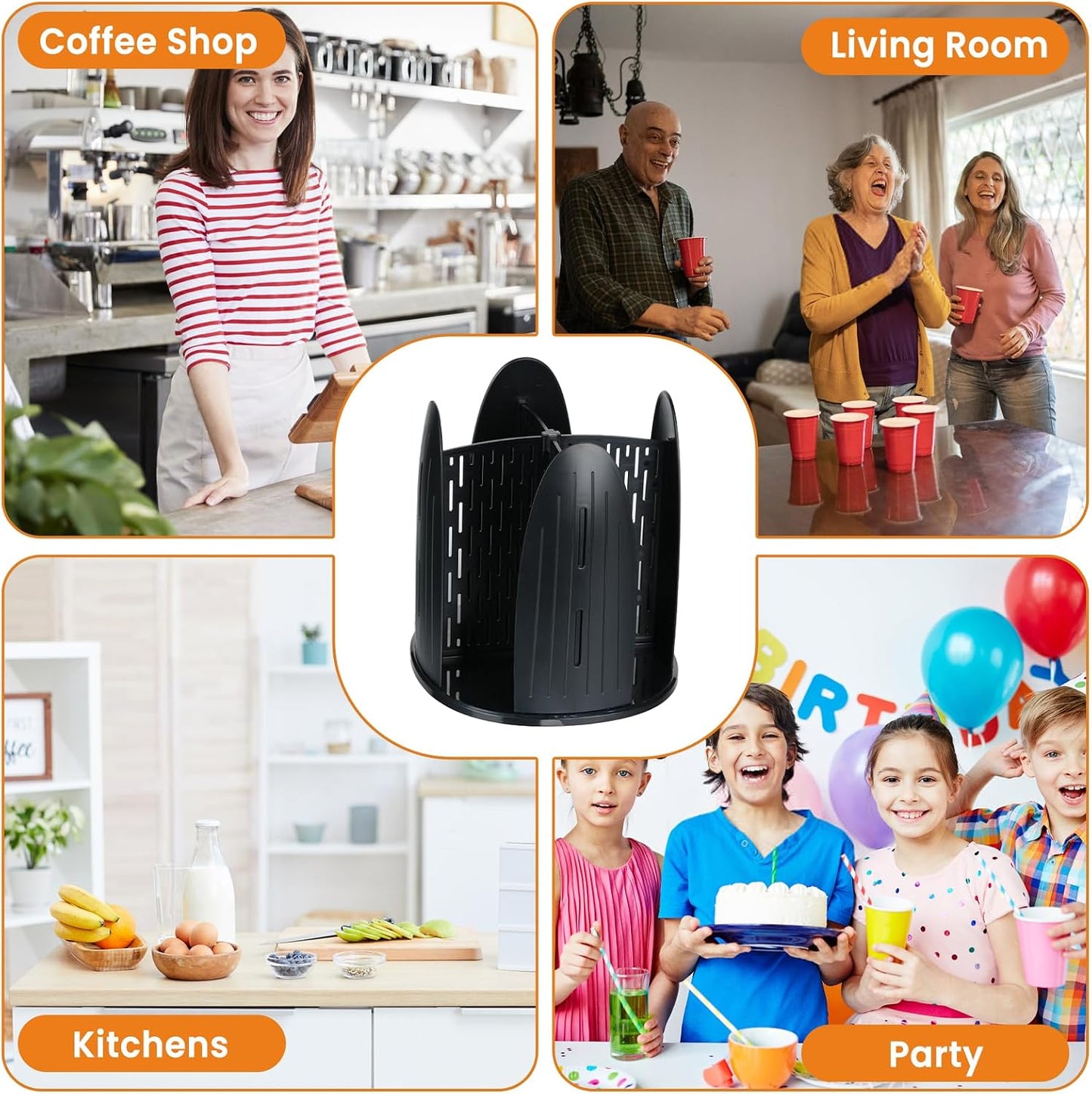 Rotating Paper Cup Dispenser,Cup Holder with 4 Compartments,Plastic Cup Storage and Lid Holder,Disposable Coffee Cup Dispenser Removable for Kitchen, Coffee Stations, Black