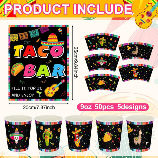 31 Pcs Taco Bar Supplies Kit Serving Party Mexican Party Decoration Fiesta Tacos Food and Tequila Decoration Fiesta Bar Sign 3 Dividers Food Trays Paper Cups and Snack Holder for Taco Tuesday Supplies