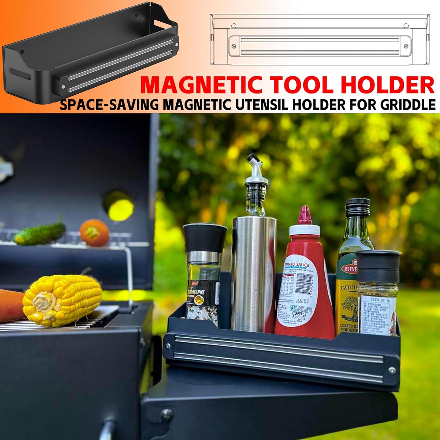 Magnetic Griddle Grill Caddy Organizer,Grill Caddy with Magnetic Tool Holder for Grilling BBQ,Space Saving Magnet Utensils Holder for Outdoor Blackstone Griddle