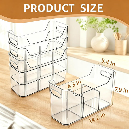 4 Pack Tall Narrow Clear Bins, Slim Pantry Freezer Organizer Bins with Removable Divider, Stackable Plastic Storage Containers with Handle for Kitchen Cabinet Closet Bathroom