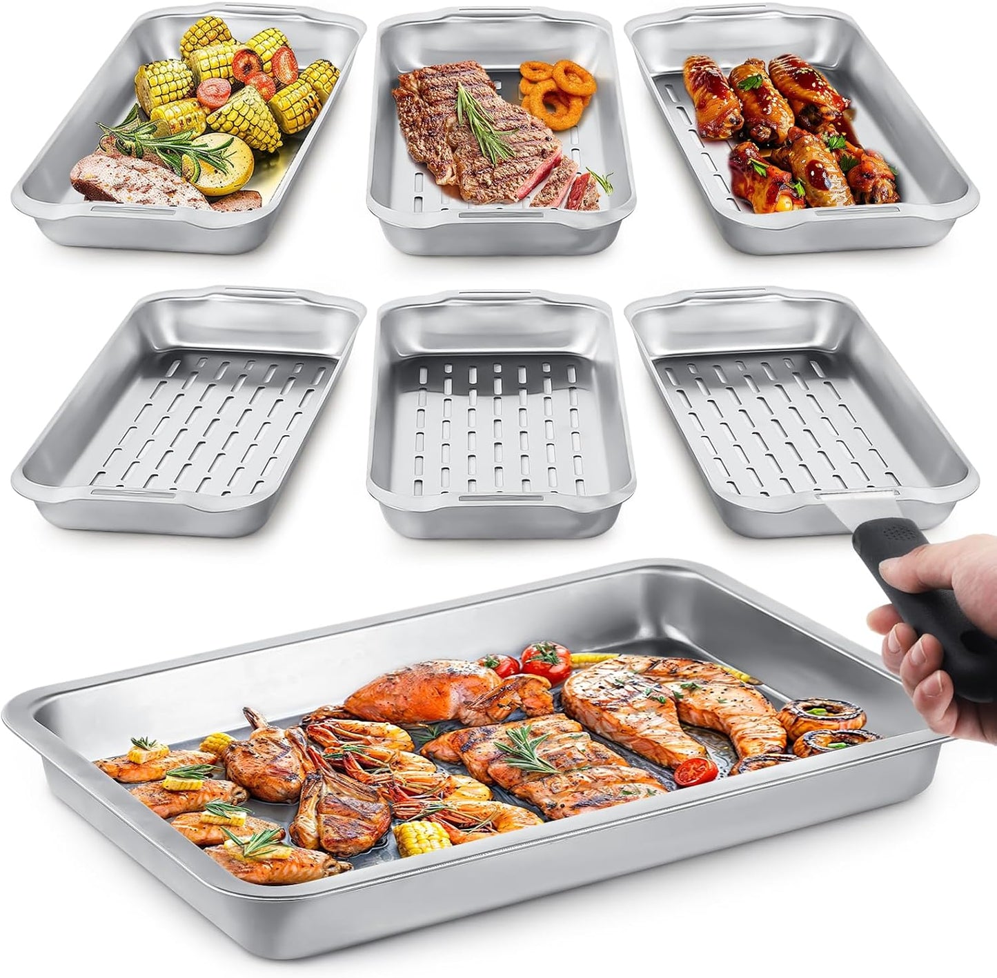 Grill Basket Set, 3-Piece Stainless Steel Grill Topper Pans for Outdoor Grill with BBQ Prep Tray, Grilling Baskets Barbecue Accessories for Vegetables, Fish, Meat, and Seafood