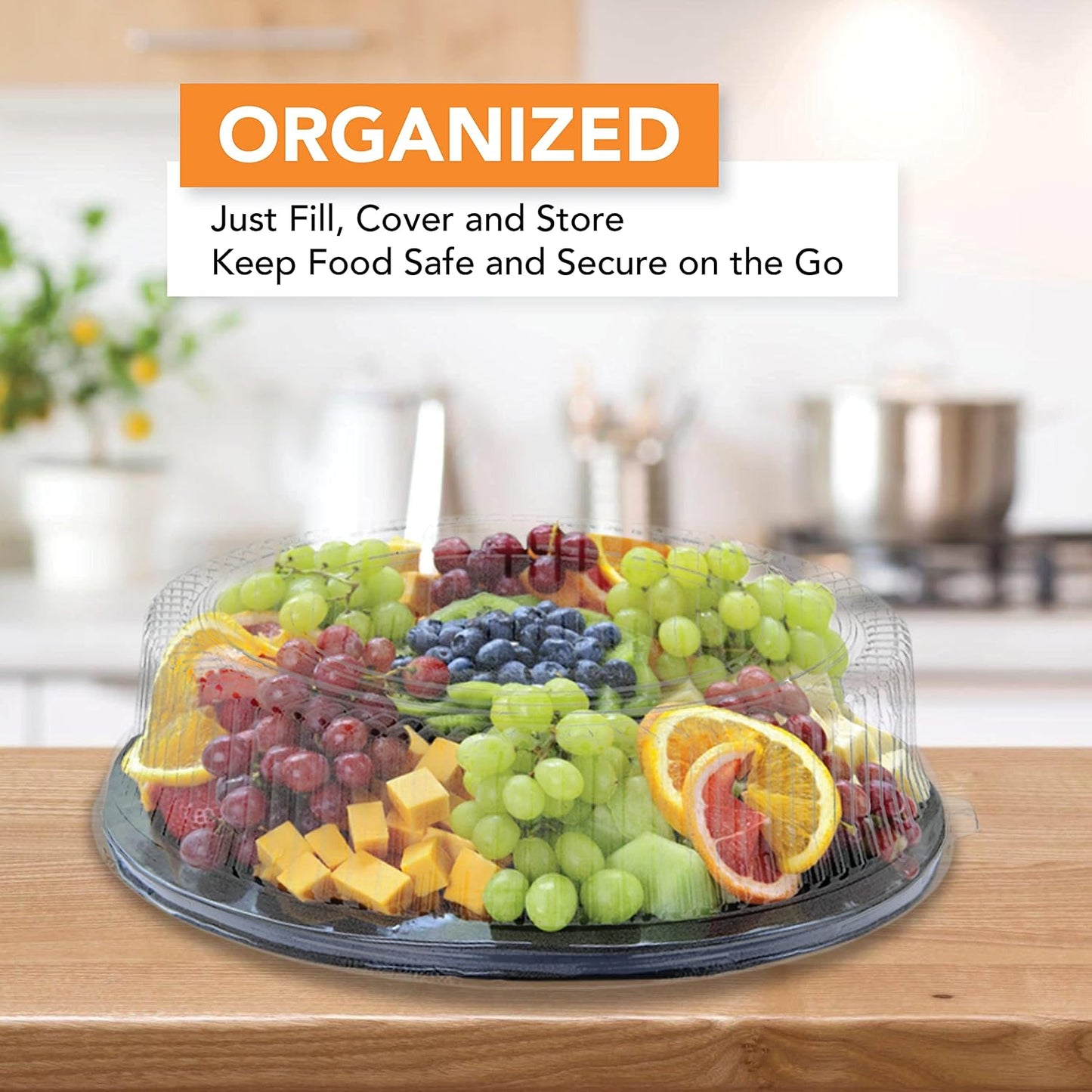Party Essentials Hard Plastic 12" Black Trays With Clear Dome Lids, Set of 2 Trays and 2 Lids, Clear/Black