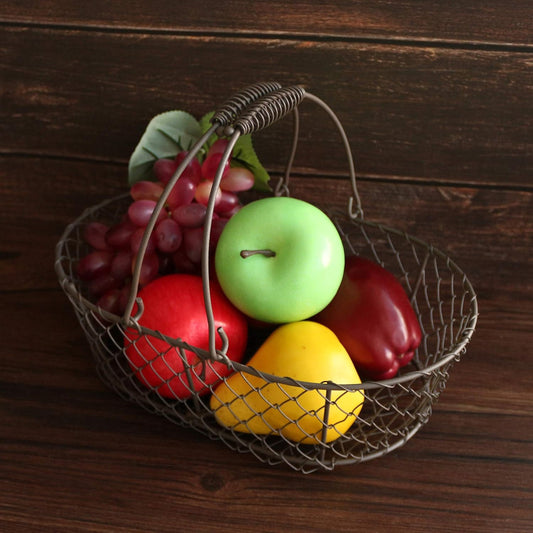 CVHOMEDECO. Oval Metal Wire Egg Basket Wire Fruit Basket with Handle Primitives Vintage Style Storage Basket. Rusty, 11 X 7-1/4 X 3-1/2 Inch