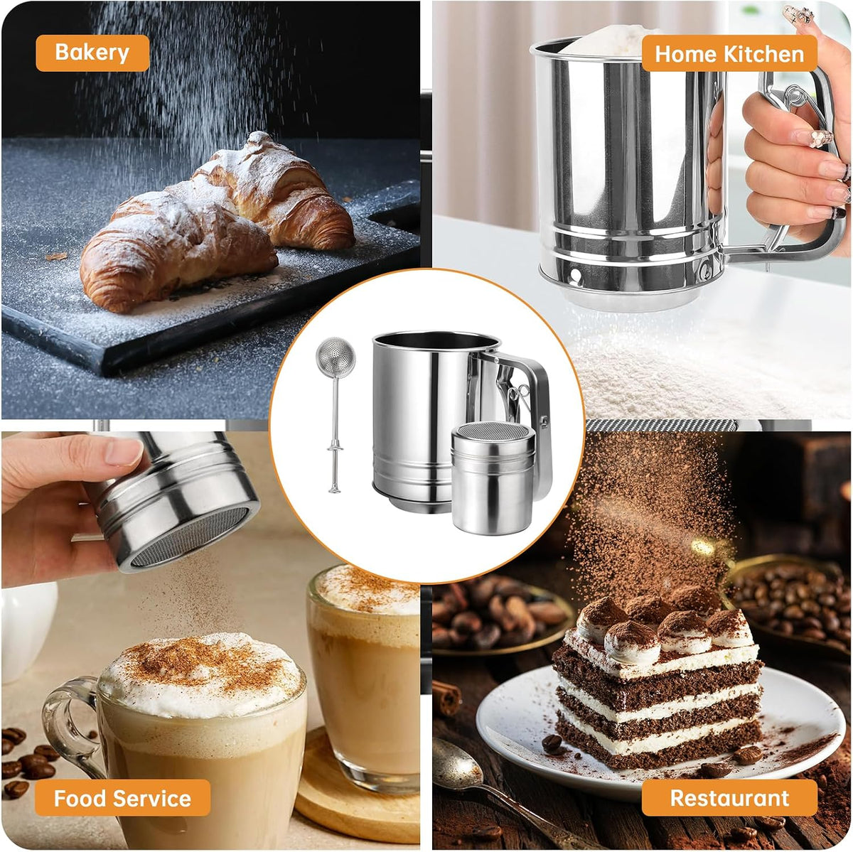 Flour Sifter, 3 in 1 Stainless Steel Sifter for Baking, 3 Cup Double Layer Fine Mesh Sifter, Powdered Sugar Shaker Duster Set for Baking Cakes, Pastries, Pies, Cupcakes and Desserts