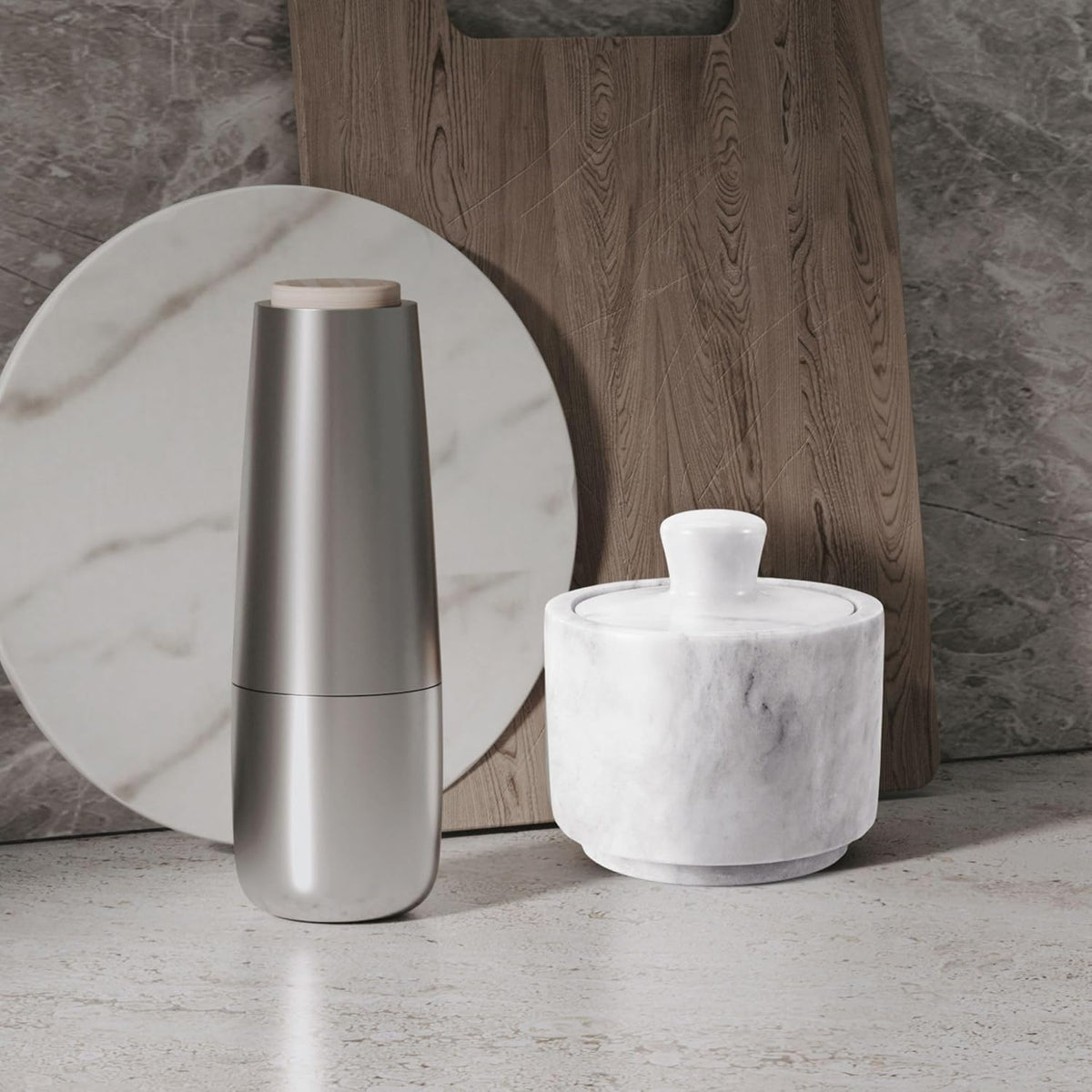 Flexzion Marble Salt Cellar with Lid, Salt Holder for Counter, White