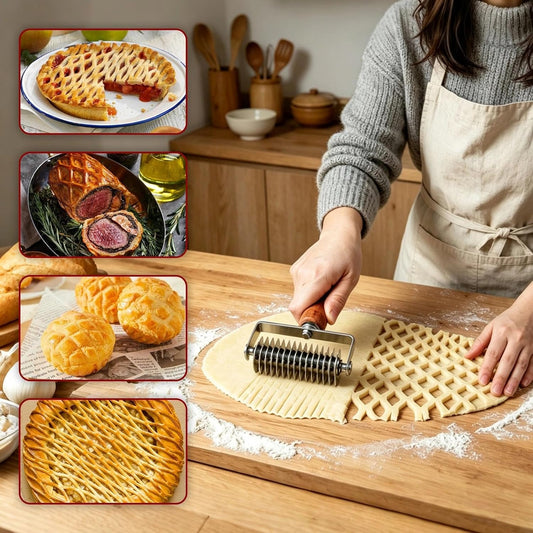 Pastry Lattice Roller Cutter, Stainless Steel Lattice Pastry Cutter with Wooden Handle, 7.9x5.1x1.8in Lattice Dough Wheel Cutter, Dough Lattice Cutter for Pizza, Biscuits