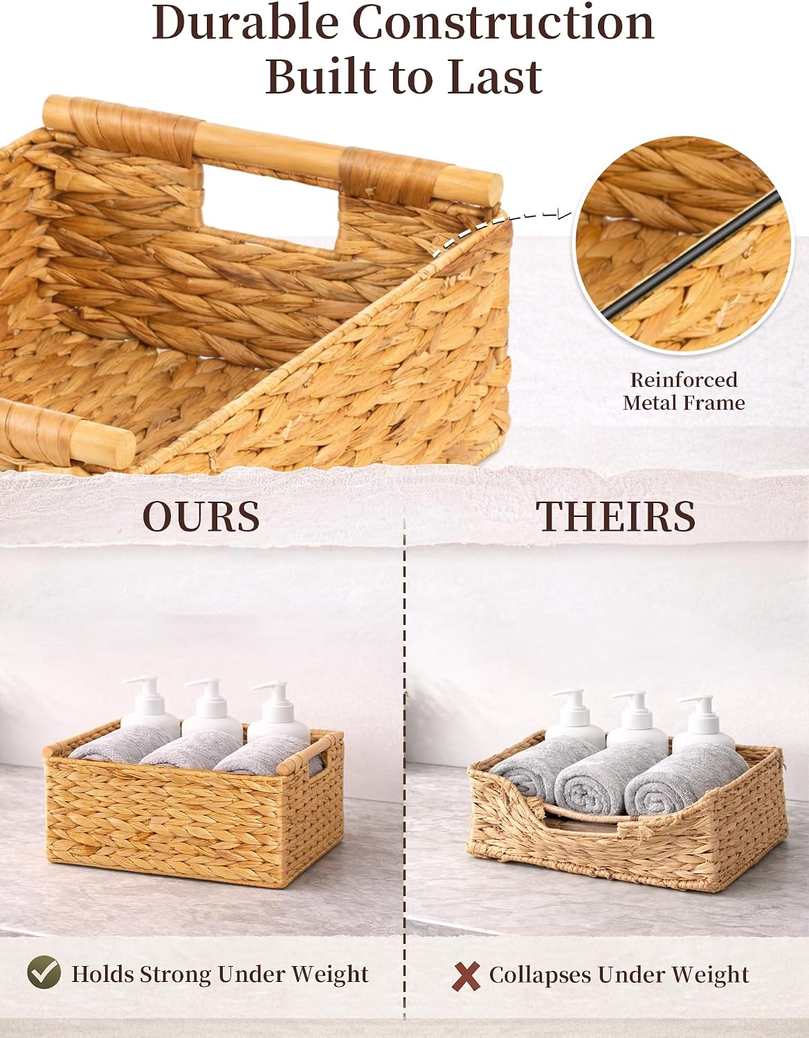 Water Hyacinth Wicker Basket, 13.39*9.45*4.65 Inch Woven Basket with Handles, Wooden Handles Wicker Storage Basket, Rattan Basket for Decorative Baskets, Pantry, Shelves, Gift, Toys - Medium
