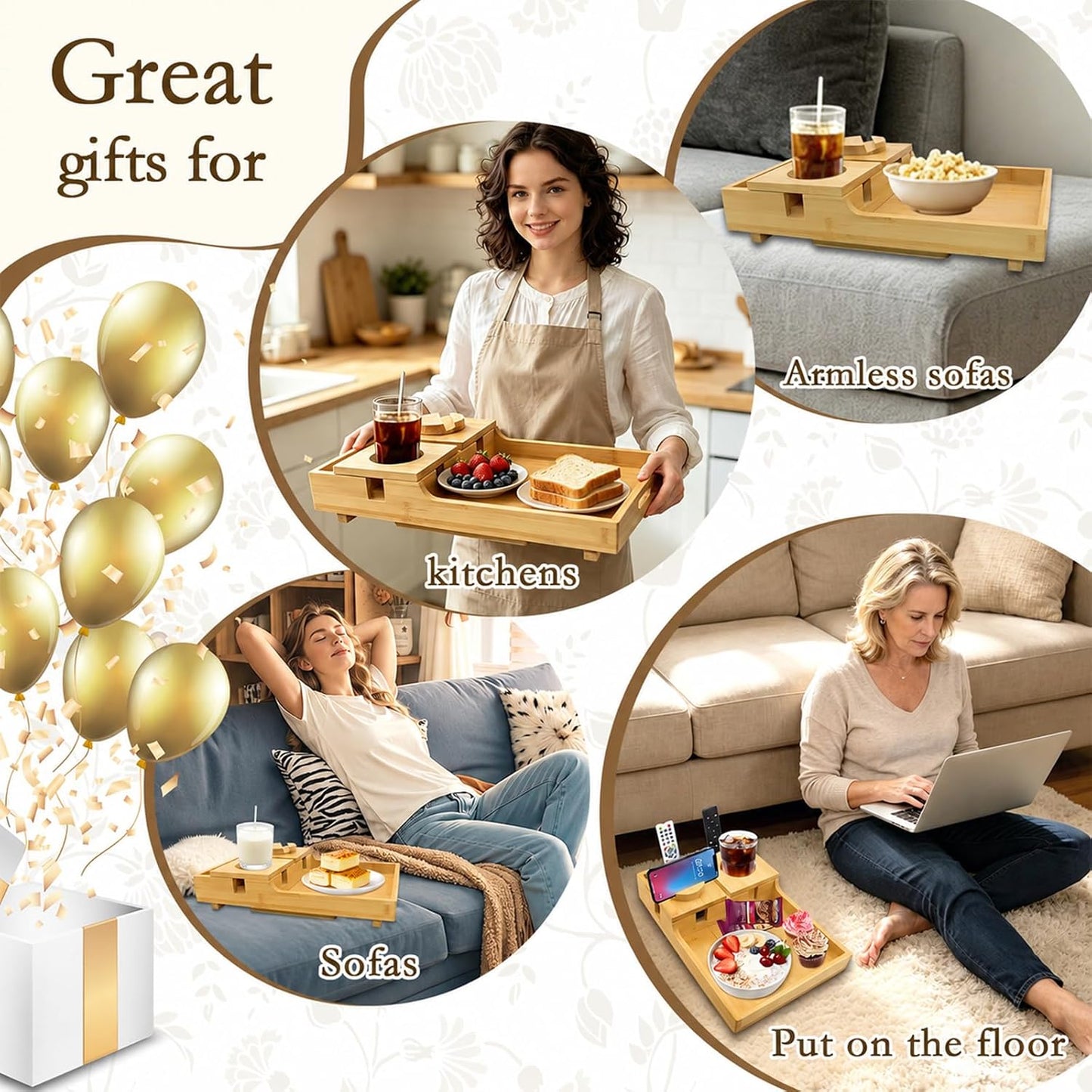 2-in-1 Bamboo Couch Tray – Insert & Flat Sofa Organizer with Anti-Slip Base,360° Rotating Phone Holder,Cup Holder, 15.3x9.8 in, Fit Seat Gaps or Armless,Sectional Sofa