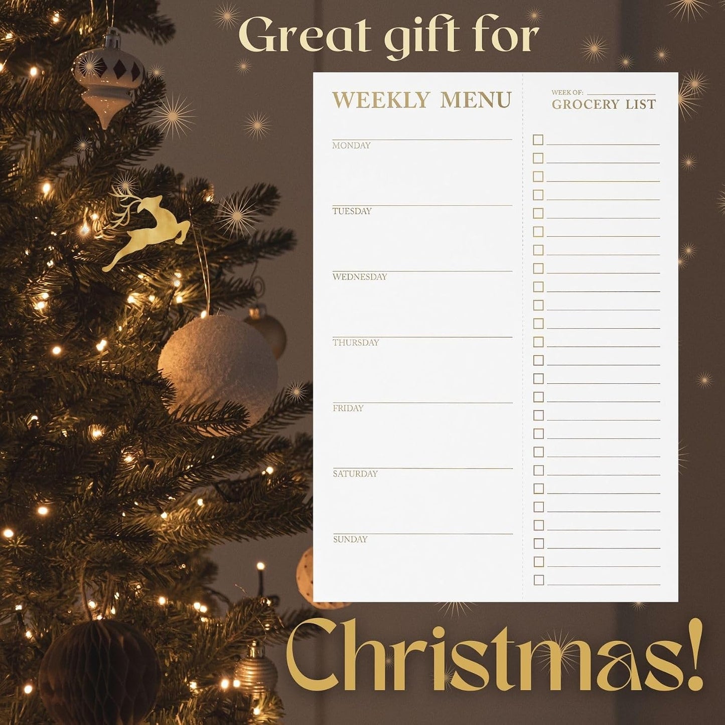 White Magnetic Meal Planner Notepad & Tear Off Weekly Grocery List for Fridge - Grocery Shopping List Notepad – Dinner List for Refrigerator - White and Gold Metalic Planner with 52 Sheets - 7 x 10 Inch