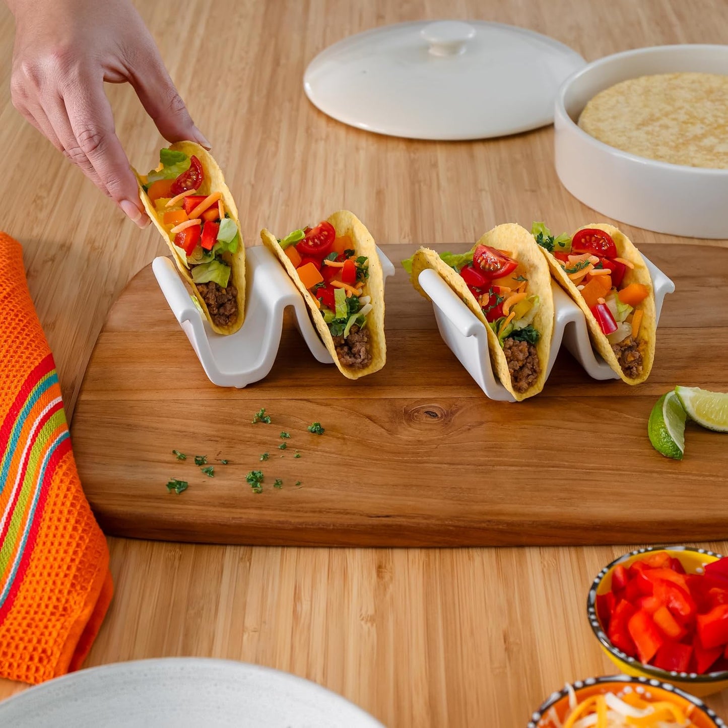 Ceramic taco holder (2 Pack) soft taco holders, Holds 4 tacos, wrap server for oven and Kitchen, For Hard and Soft Shell, Dishwasher & Microwave Safe (White)