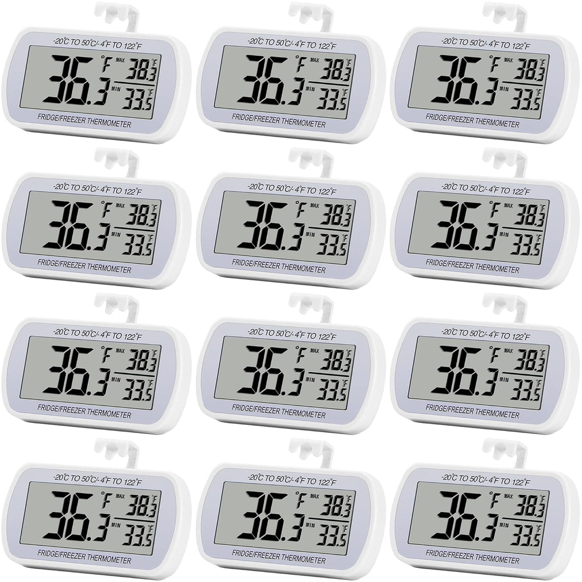 Refrigerator Thermometer Digital Fridge Freeze Room Thermometer Waterproof Large LCD Display Max/Min Record Function, White