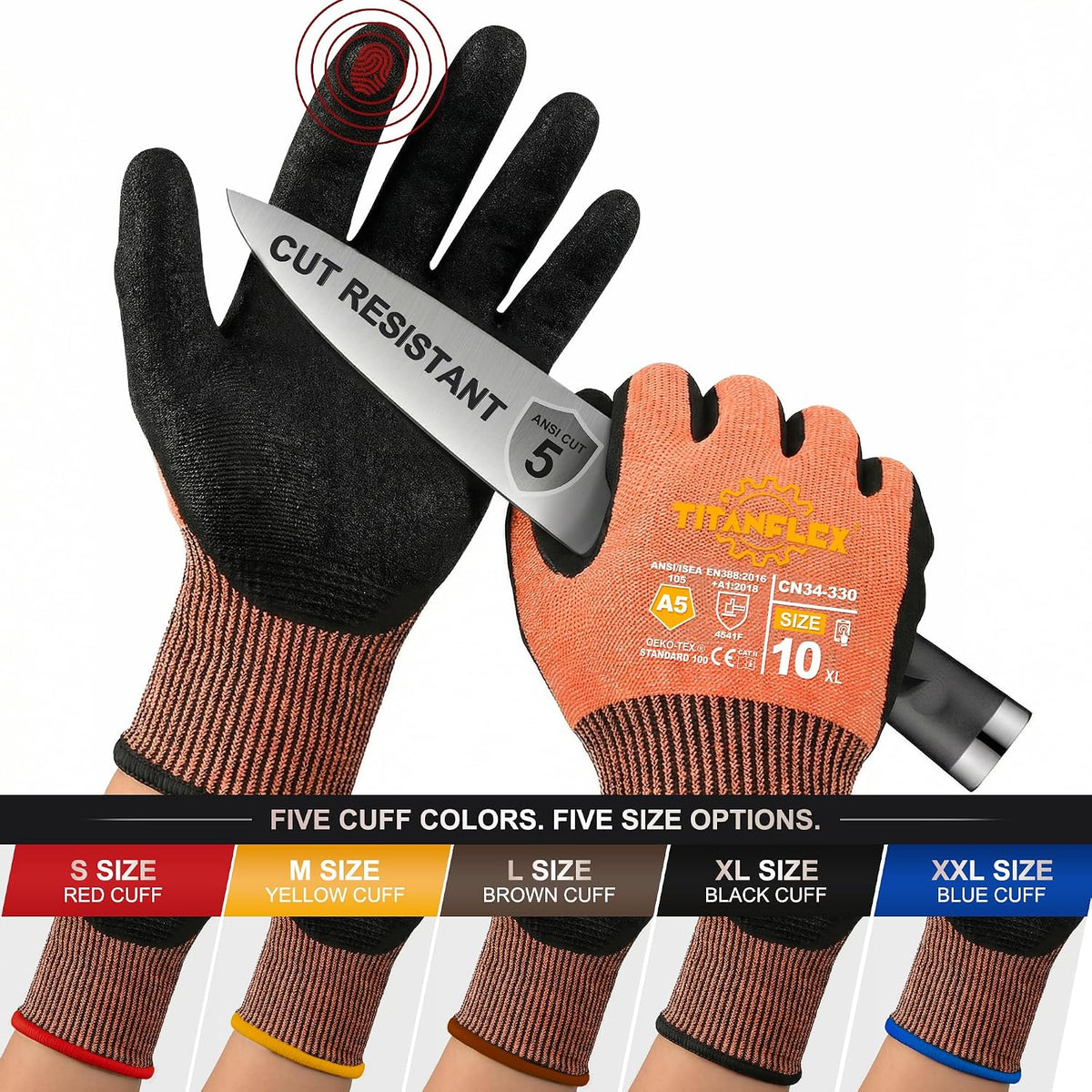 TitanFlex A5 Cut Resistant Gloves, Extreme Protection, Sandy Nitrile Grip