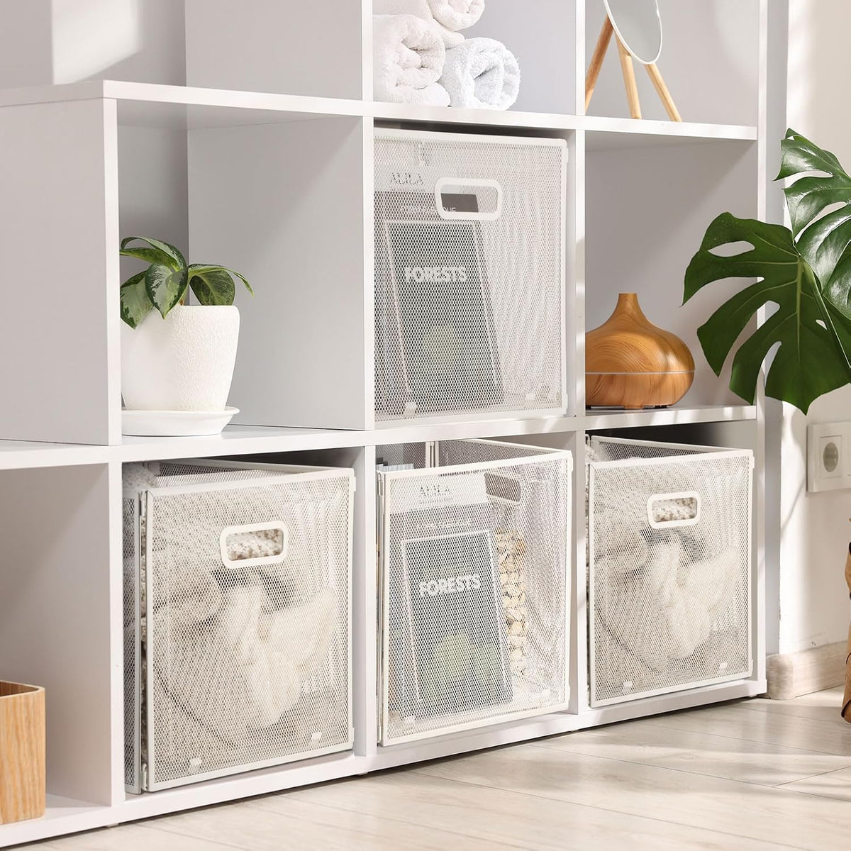 Funnymoom 2 Pcs Foldable Metal Wire Basket 13 x 13 Inch Black Cube Storage Bins Stackable Wire Laundry Baskets Organizer with Handle for Shelves Pantry Cabinet File Graduation Gift