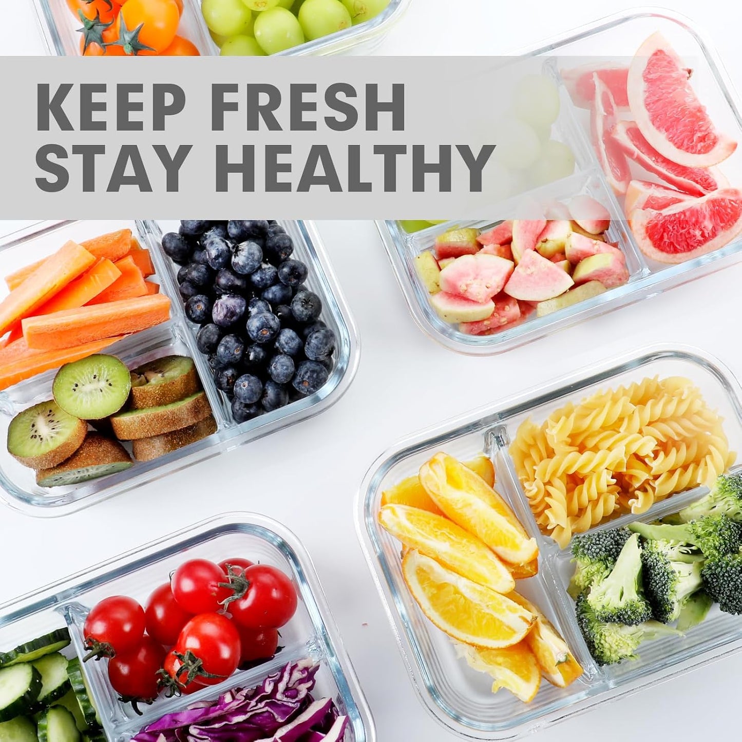 VERONES 5 Pack Glass Meal Prep Containers 3 Compartment Set, 36OZ Airtight Glass Lunch Containers, Glass Food Storage Containers with Lids, for Microwave, Oven, Freezer & Dishwasher Friendly,Green
