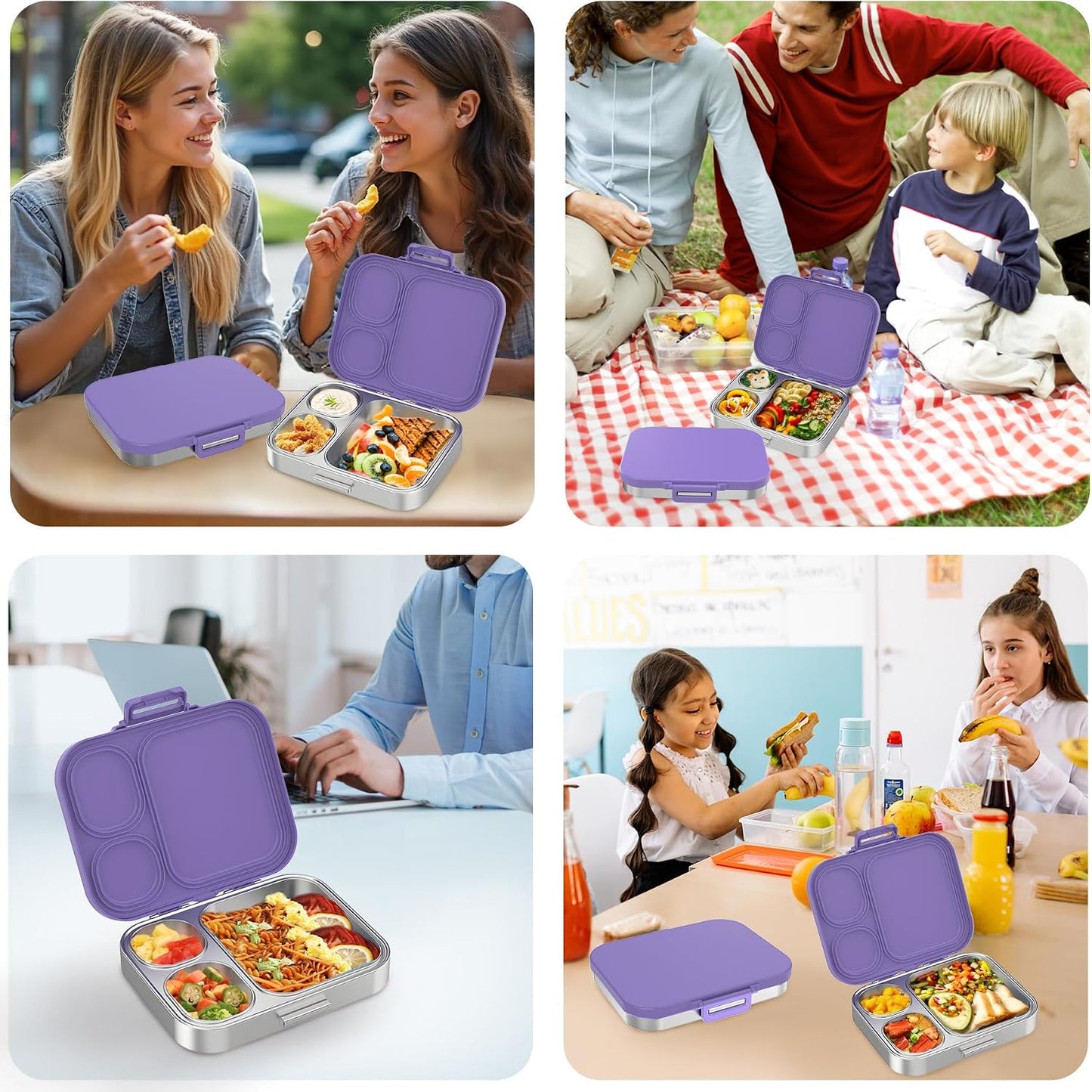 Pawtong Stainless Steel Bento Lunch Box for Kids | 3-Compartment Lunch Box Container Kids | 100% Leakproof, Eco-Friendly, Perfect Portion Control for Kids&Adult Healthy Meals (Purple)