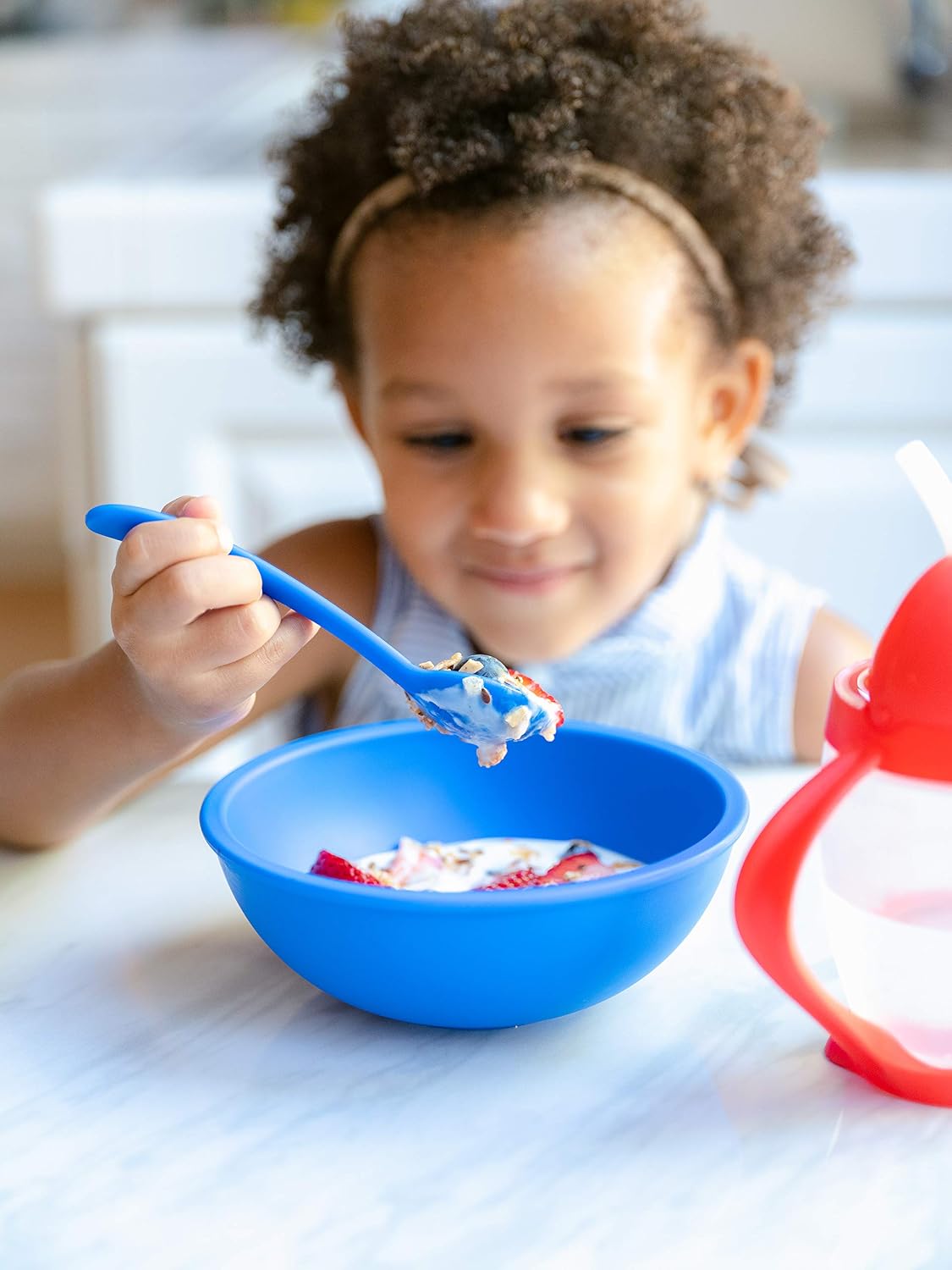 Lollaland 5 Piece Plastic Toddler Silverware Spoon and Fork Utensil Set - Reusable Toddler Cutlery With Hygienic Travel Pouch (Pink)