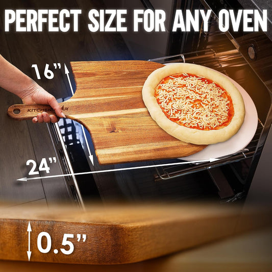 16-Inch Wooden Pizza Peel, X-Large Paddle, Cutting & Serving Board w Handle