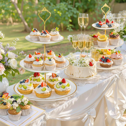Supernal 10 Pack Dessert Table Display Set -4 Sets 3 Tier Cupcake Stand,6 Pcs Food Serving Trays,Elegant Tableware for Cupcakes and Snacks,Perfect for Tea Party Baby Shower Decorations(White and Gold)
