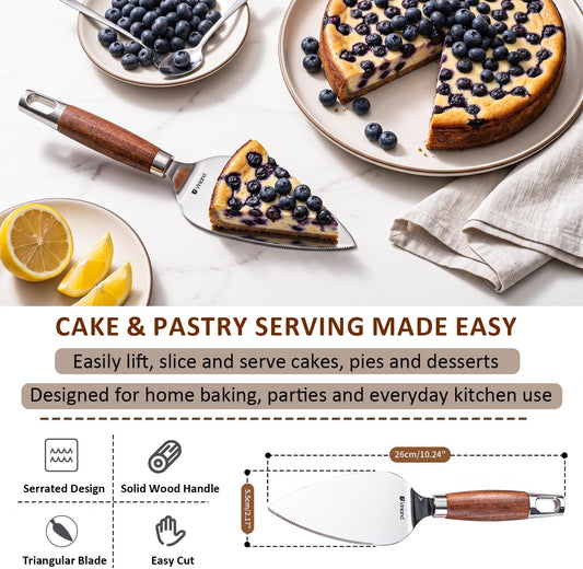 Stainless Steel Serrated Pie Server Spatula – 1 PCS Wooden Non-Slip Easy Grip Cake Cutter and Server, Left & Right Handed Dessert Serving Tool with Hanging Hole for Pies, Pizza, Lasagna, Wedding Cakes
