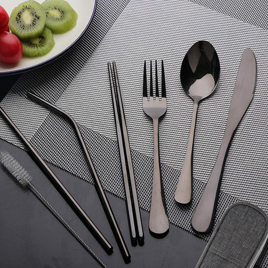 Travel Utensils Set with Case Reusable Portable Cutlery Set Stainless Steel 8pcs Including Dinner Knife Fork Spoon Chopsticks Straws(Rainbow)
