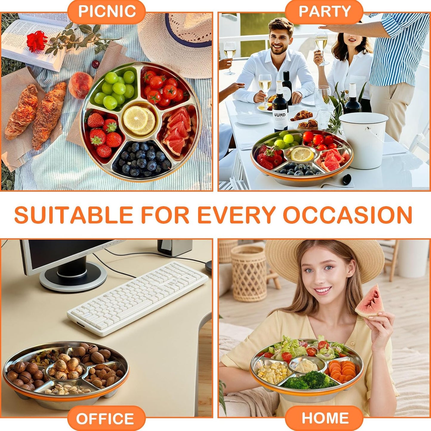 Divided Serving Tray with Lid, Veggie Tray with Lid Stainless Steel 6 Compartments Vegetable and 4 Forks Set for Party Platter, Vegetable Relish Fruit Tray, Snackle Box