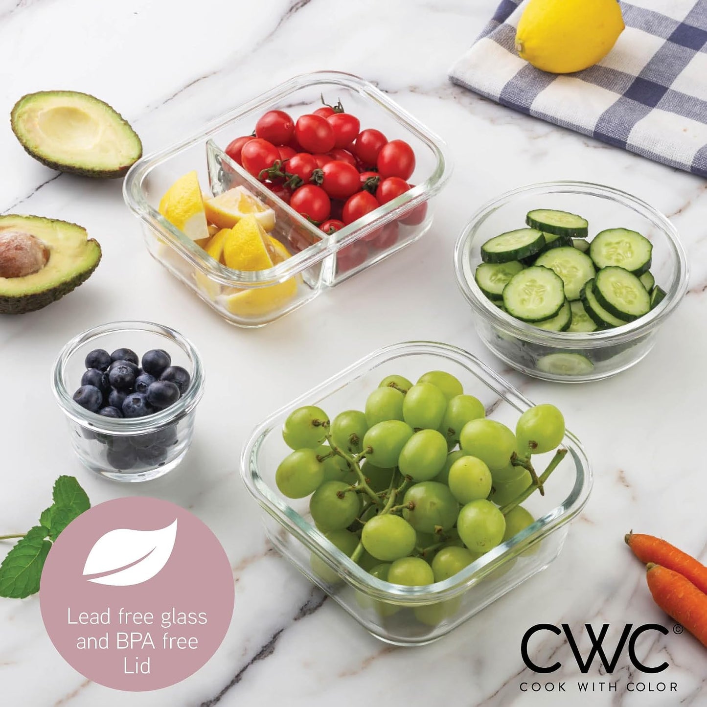 COOK WITH COLOR Premium 32-Pc. Borosilicate Glass Food Container Set with Dividers - 4 Rectangles, 8 Rounds, 4 Squares - Leakproof Lids - Meal Prep, Storage, Grey