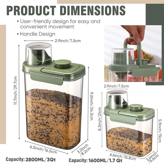 Maxdot 2 Pcs Bird Food Storage Container, Bird Seed Container with Lids Airtight Cup Pet Parrot Food Storage 1.7 Qt & 3 Qt Measuring Containers Easy Pour Spouts for Macaws African Cockatoos(Green)