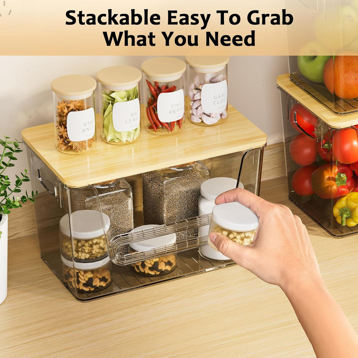 Delamu 2 Set Pantry Organizers and Storage, Trash Bag Holder Under Sink Organizer for 4-13 Gal Bags, Trash Bag Dispenser with Bamboo Top for Onion, Potato, Garlic, Clear (11-7/32"L*7" W*7-1/8"H)