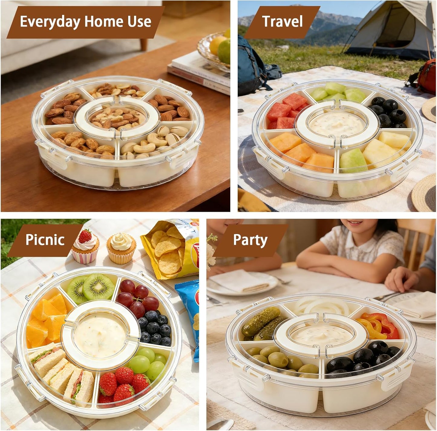 Relish Trays with Dividers and Lid, Divided Serving Tray with Lid and Handle, Durable Plastic Clear Snack Organizer with Removable Compartments, Ideal for Party, Travel and Picnic