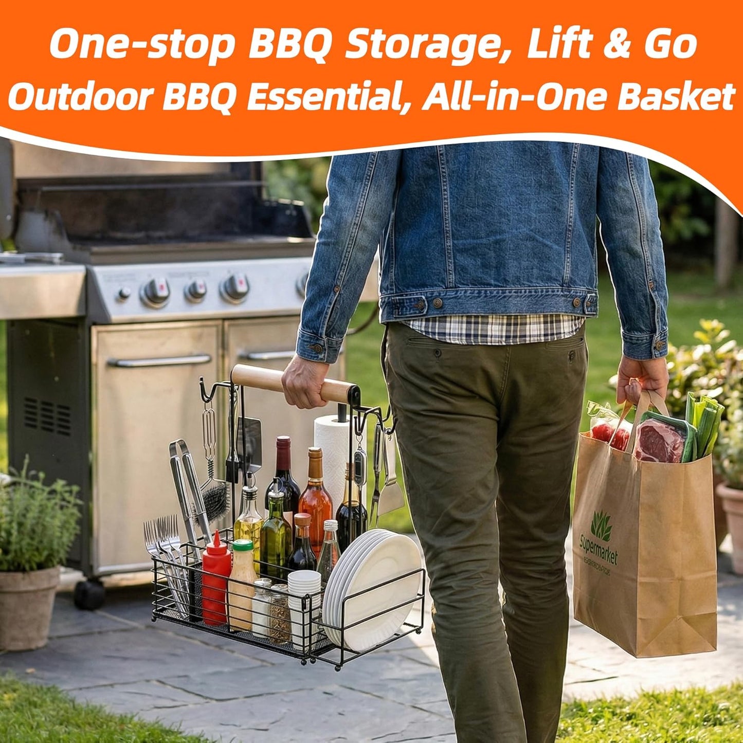 Grill Caddy with Paper Towel Holder, BBQ Caddy for Outdoor Grill, Camping Essentials Picnic Condiment Utensil Organizer, RV Camper Must-Have, Grilling Gifts for Men