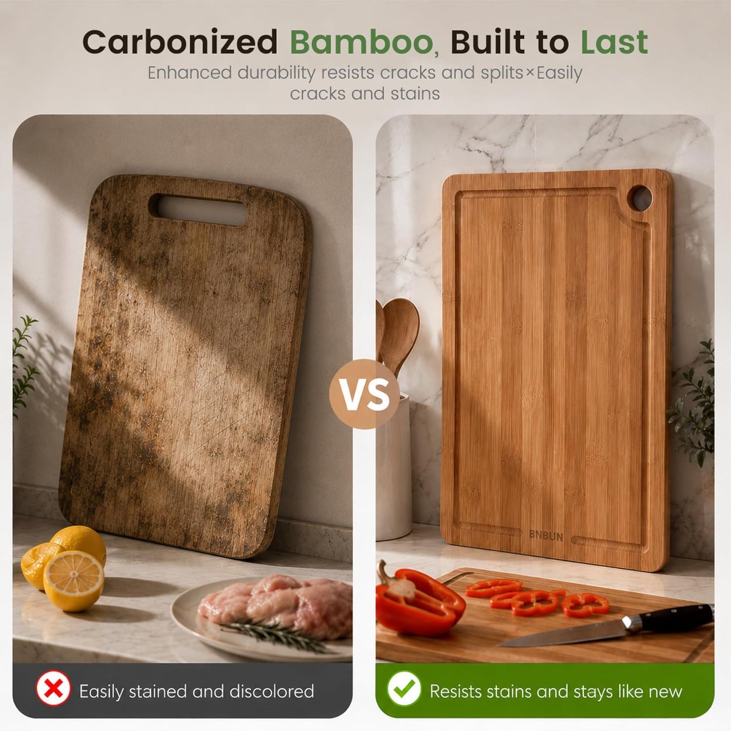 Bamboo Cutting Board for Kitchen, 3-Piece Wooden Cutting Board Set with Deep Juice Grooves, Side Handles, Non-Slip Mats, Reversible Chopping Boards for Meat, Veggies, Fruit, Cheese Serving