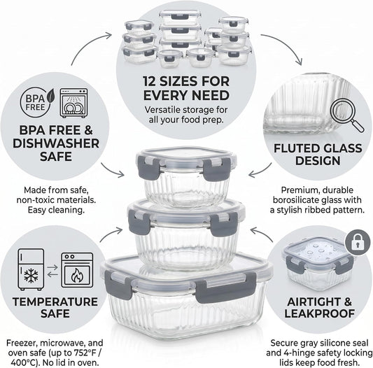 Glass Food Storage Containers with Lids, 12 Piece Glass Meal Prep Containers Set, Airtight Leakproof Snap Lock Lids, BPA-Free, Freezer Microwave Oven Dishwasher Safe, Ribbed Glass Containers