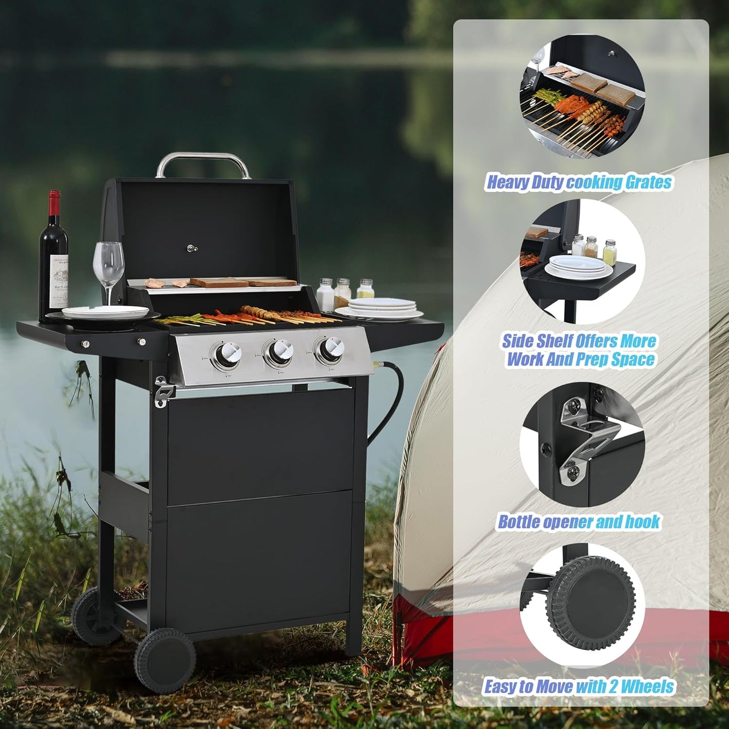Endark 3-Burner Propane Gas Grill | 26,000 BTU Stainless Steel with Enamel Wire Cooking Grates & Built-In Thermometer | Side Rack Wheels | Great for Patio, Garden, and Outdoor Cooking