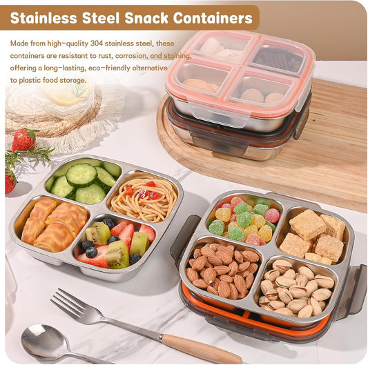 3 Pack Stainless Steel Snack Containers with Airtight Lids, 4 Compartment Food Storage Containers, Reusable Metal Meal Prep Lunch Boxes, Dishwasher Safe, Divided Plates for Adults (Black)