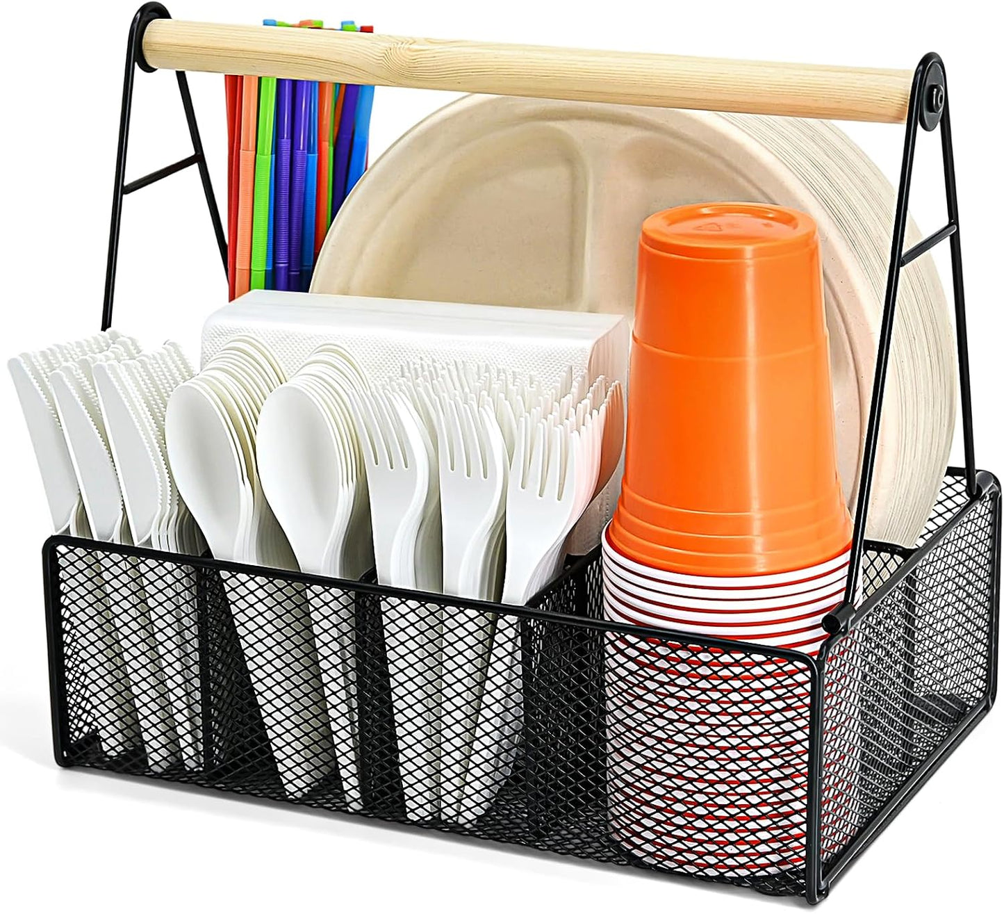 Metal Silverware Caddy for Countertop – 7 Compartment Paper Plate and Utensil Organizer with Side Handles – Cutlery Holder for Party, Buffet, Picnic, or Kitchen Table