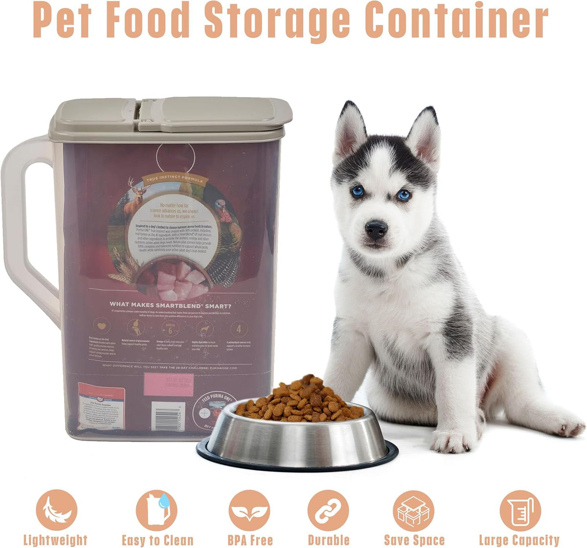 Buddeez Pet Food Storage Container - 8 Quart Capacity Dog / Cat Food & Bird Seed Container with Durable EZ Grip Handle, Flip Gray Lid (includes 1 Cup Clear Scoop)