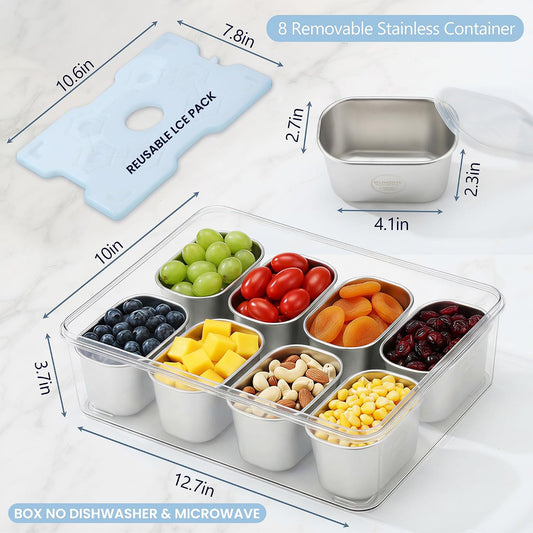 Snackle Box Container with Reusable Ice Pack, 8-Compartment Divided Serving Tray with Lid & Handle, Cooling Charcuterie Snack Box Organizer for Travel, Outdoor Parties, Beach & Picnic