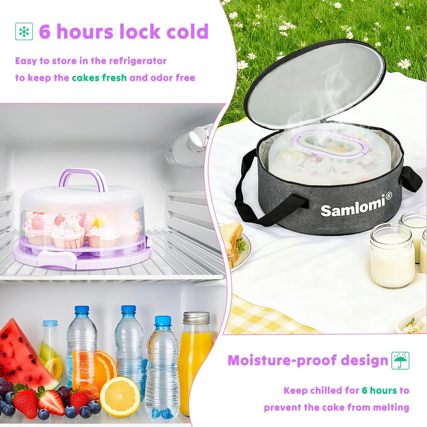 Cake Carrier with Lid and Handle, Bpa-Free Cake Holder with Lid for 10 Inch Round Cake Carrier with 10 pcs Round Golden Cake Boards and Portable Insulated Bag & Two Boxes of Cupcake Paper Liners