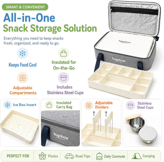 Portable Snackle Box Container with Ice Pack & Insulated Bag, Dishwasher Safe, 9-11 Adjustable Compartments, Charcuterie Box with Lid, Keep Food Cold/Warm, for Picinics, Road Trip, Sports