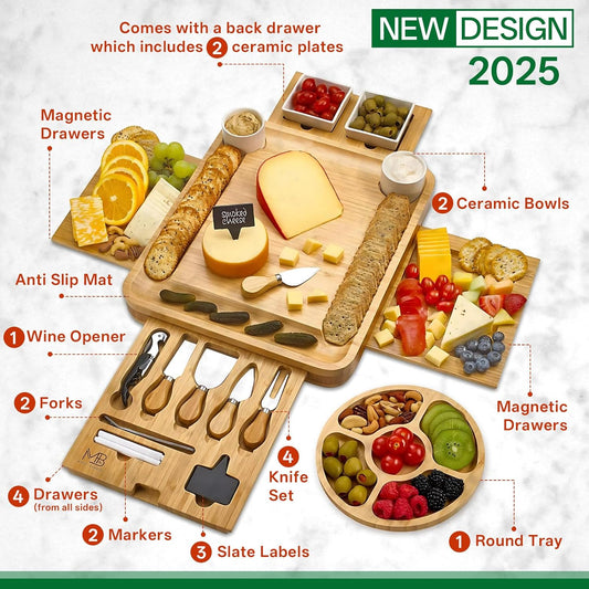 Large Bamboo Charcuterie Boards Gift Set with 4 Hidden Drawers, Cheese Knives, Ceramic Bowls & Plates, Recipe Book, Perfect House Warming Gifts New Home