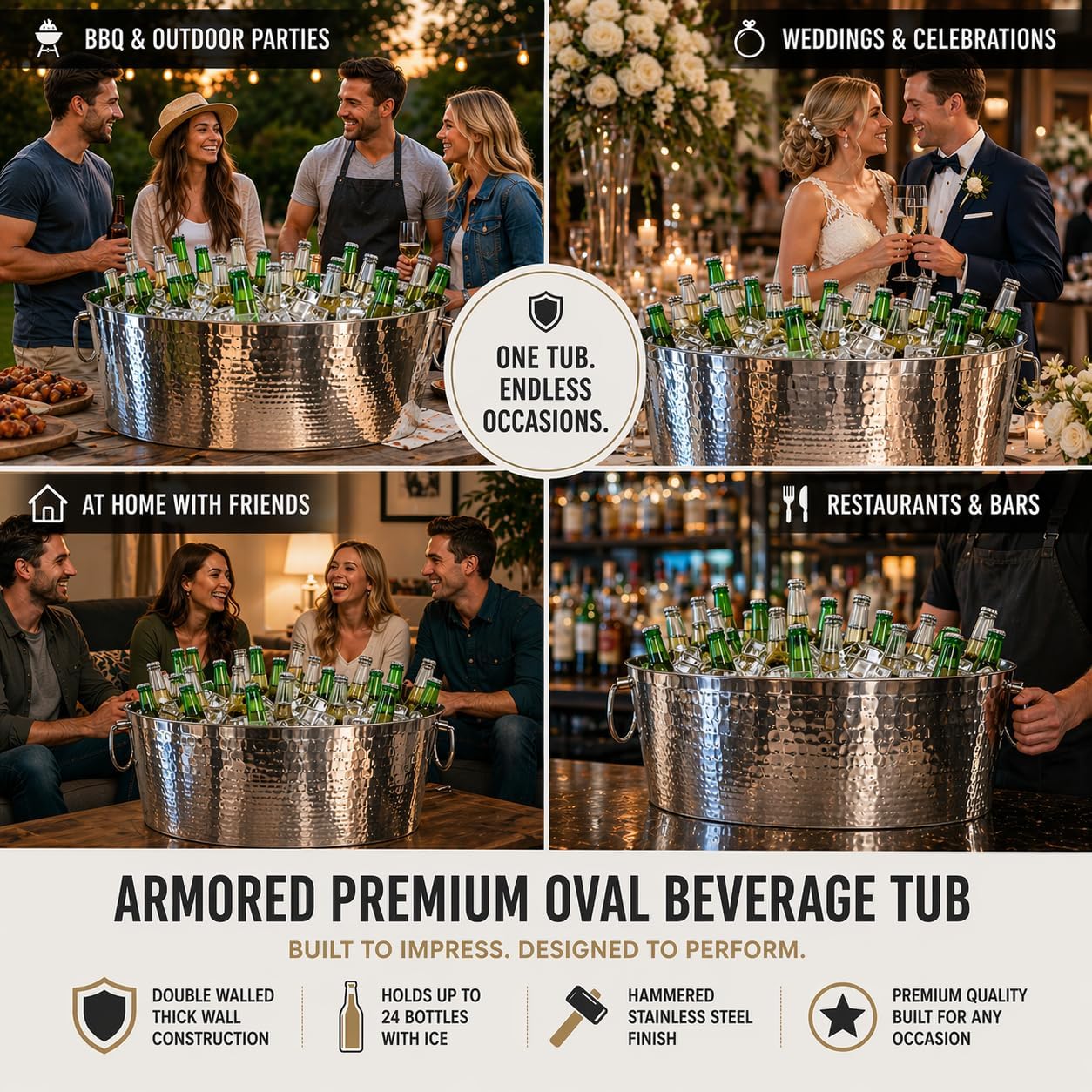 BREKX Armored XL Insulated Beverage Tub for Parties – Stainless Steel Ice Bucket, Large 6.25 Gallon Drink Cooler, Holds 24–30 Bottles, Beer, Wine & Champagne