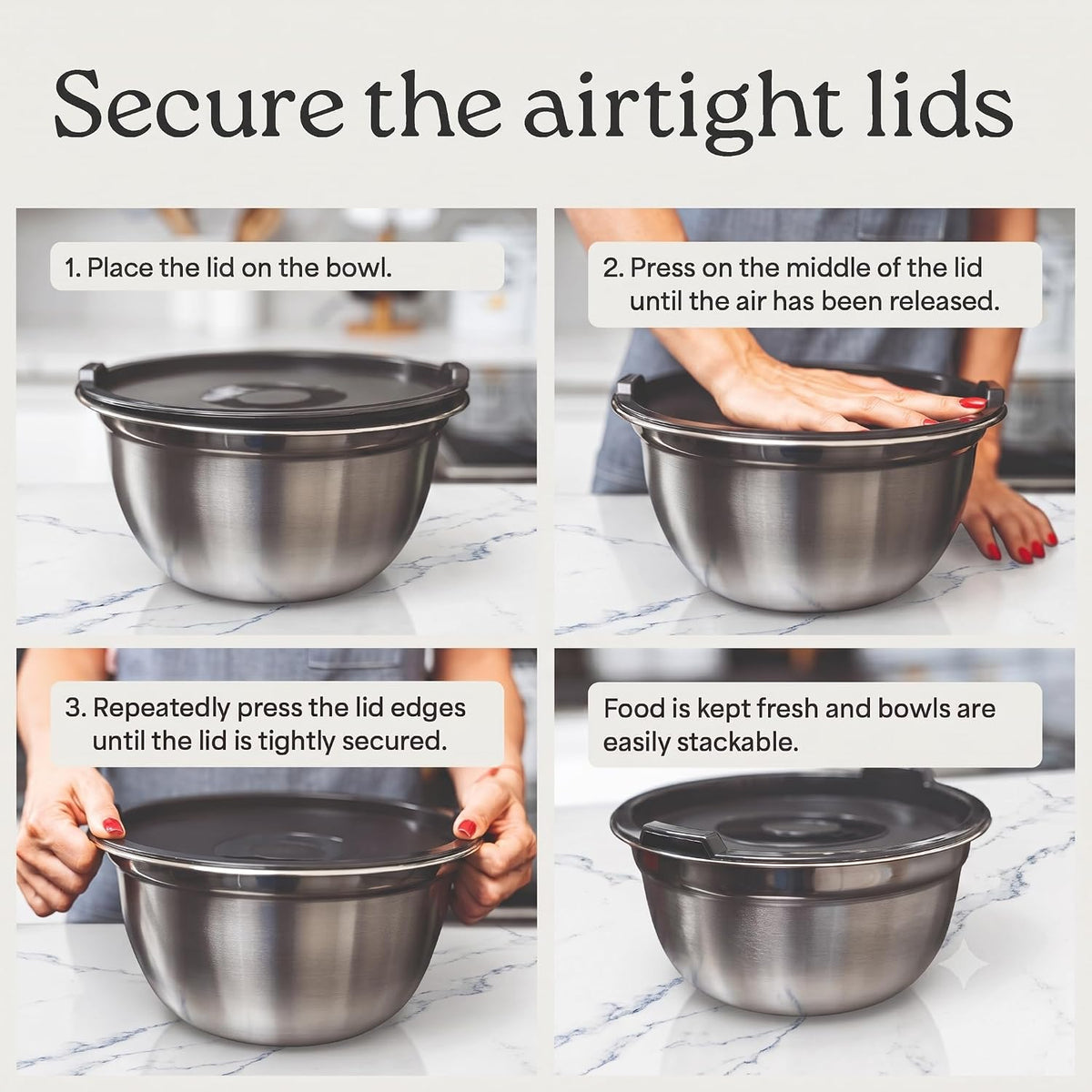 WHYSKO Stainless Steel Mixing Bowls with Lids, 5-Piece Nesting Set