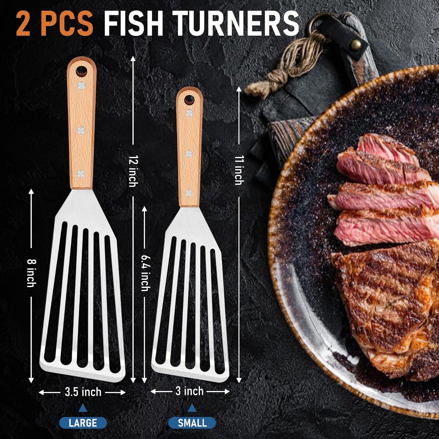 Joyfair Metal Fish Spatulas, 2 Pcs Stainless Steel Turner (ABS Handle) | Flexible Blade, Dishwasher Safe, Slotted Turner Utensil for Kitchen Cooking & Outdoor Griddle Grilling Flipping, Large&Small