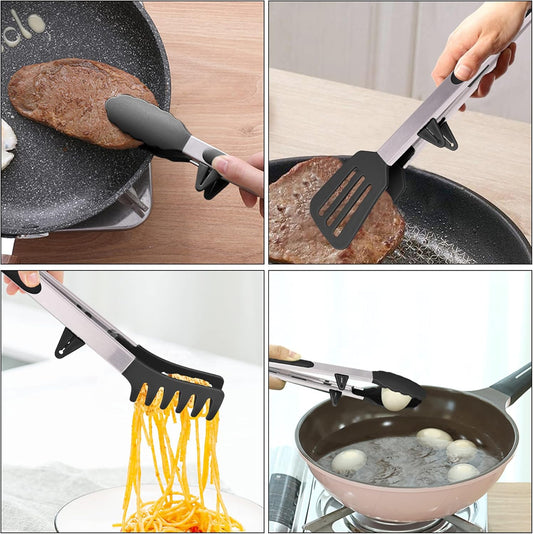 4in1 Stainless Steel Kitchen Food Tongs Set for Cooking with Silicone Tips, Toaster Steak Pie Pizza Pasta Spaghetti Noodles Salad Fruit Vegetable Grill BBQ Buffet Clamp Serving Tools Gadgets