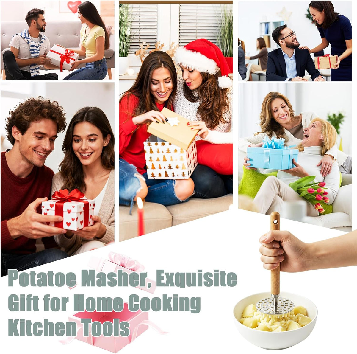 Potato Masher, 9in Wood Handle Stainless Steel Grid Masher Tool