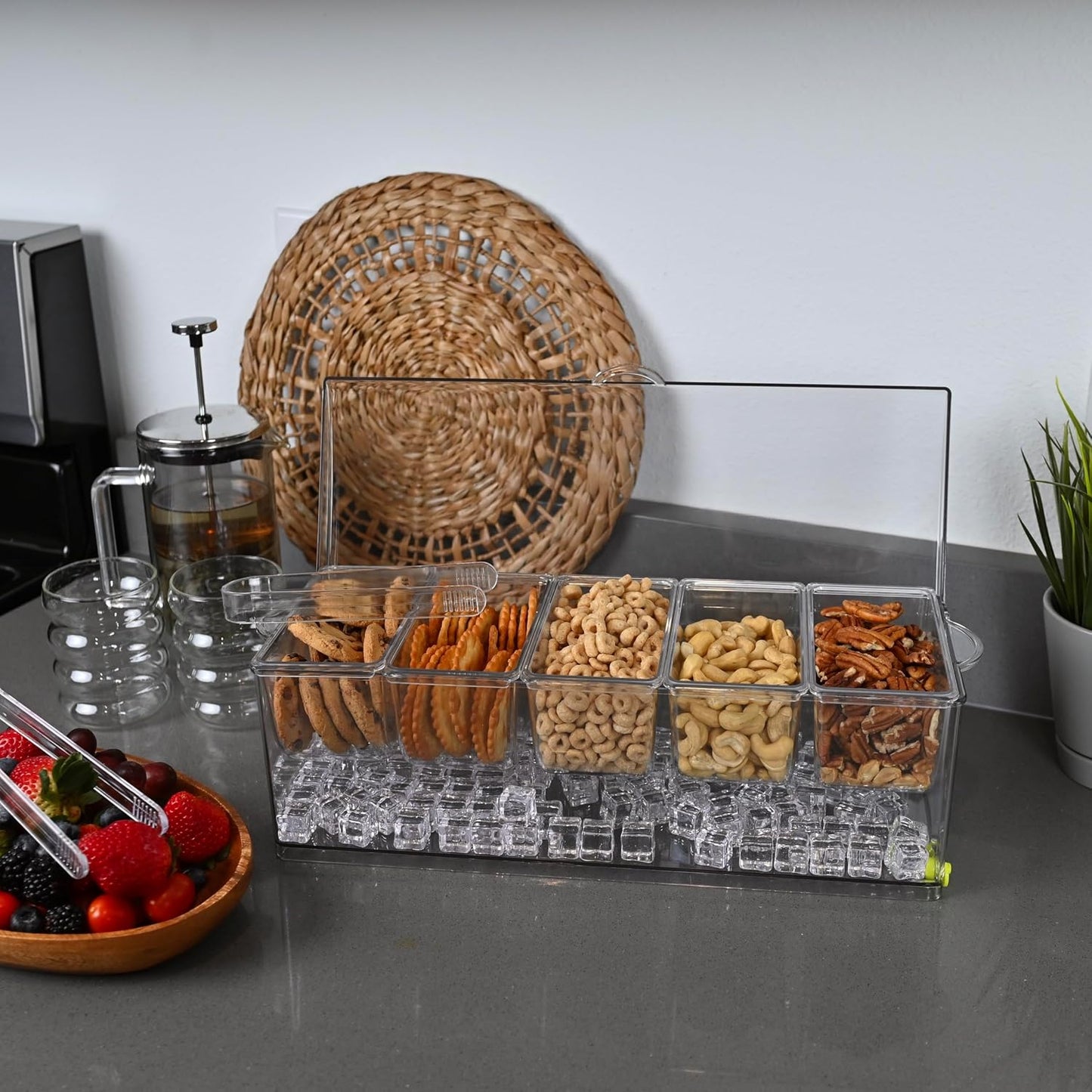 Ice Chilled 5 Compartment Condiment Serving Tray; Condiment Caddy with 5 Removable Containers; Cold Serving Trays for Food Party; Bar Accesories Fruit and Salad Caddy with Lid