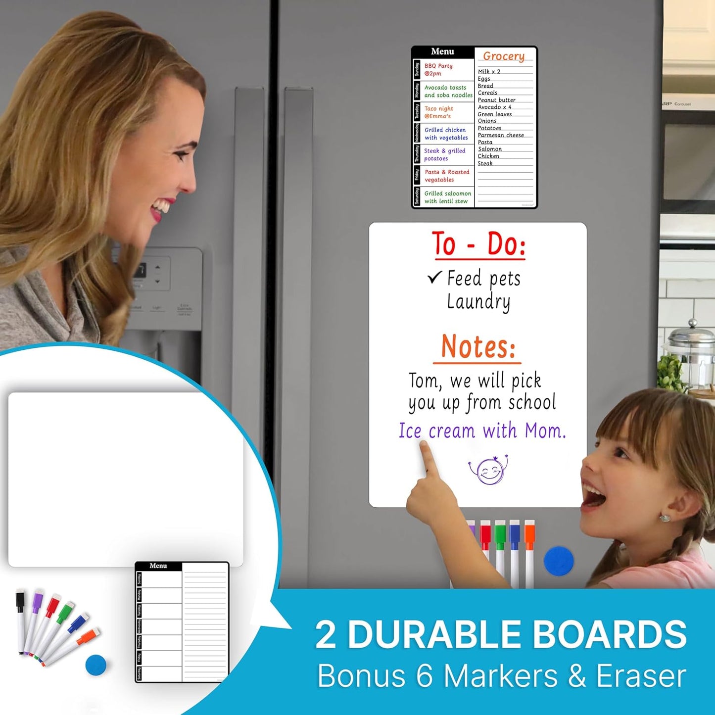 Magnetic Blackboard for Fridge - Dry Erase Black Board for Home, Office & Classroom (11.5" x15”), Menu Board for Kitchen Fridge - Family Meal Planner (7" x9”) - 6 Fine Tip Magnetic Markers & Eraser