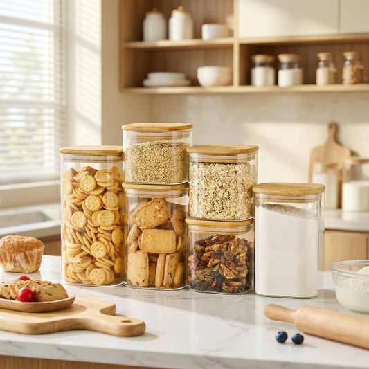 Extra Large Square Glass Flour & Sugar Storage Containers with Airtight Lids, 168 floz - 2 Pack Glass Jars with Bamboo Lids for Pantry, Air tight Food Storage Containers for Cereal, Pasta, Rice