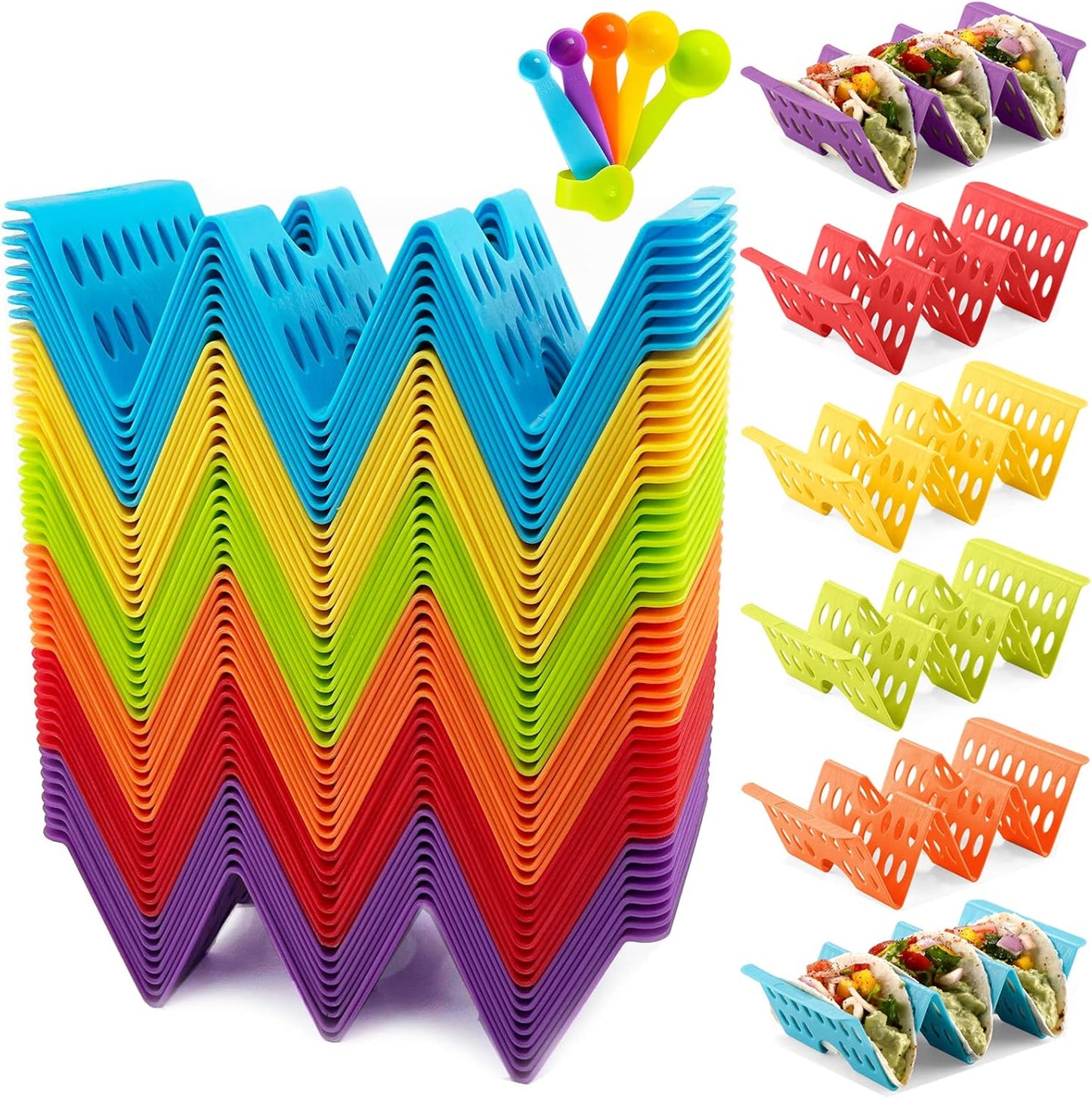 Premium Taco Holder Stand, Colorful Large Taco Holders Set of 6 or 4, Taco Stands for 3 Tacos for Soft/Hard Shells, Street Taco Rack with Plates & Tray, Dishwasher & Microwave Safe